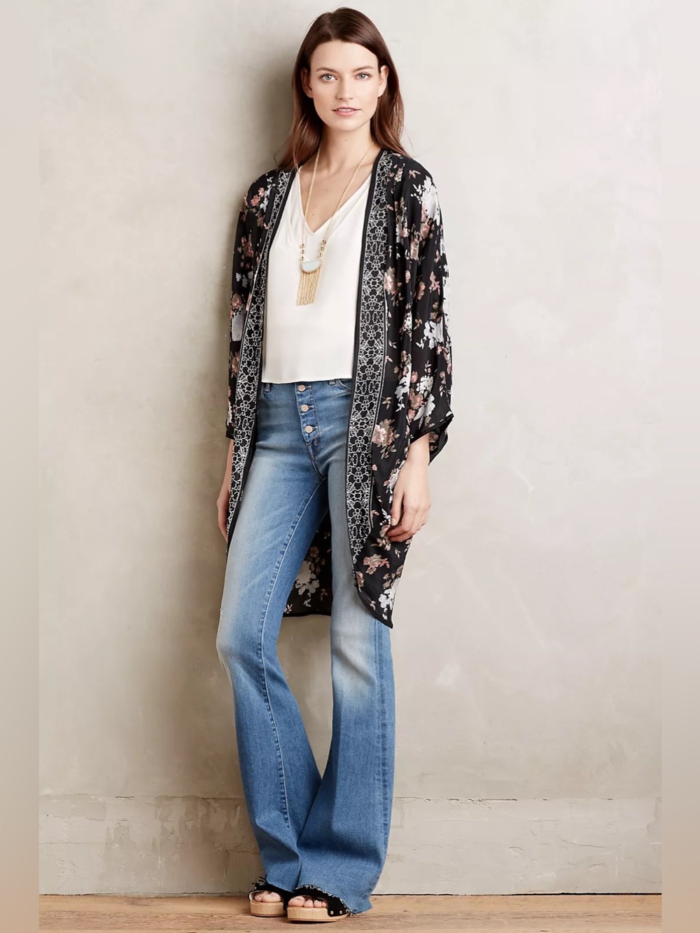 Feathers By Tolani Anthropologie Midmay Floral Kimono Duster Black OS